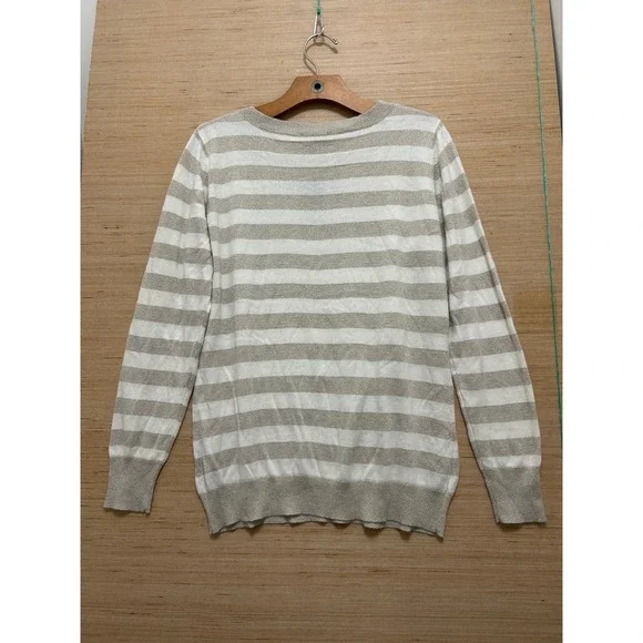 Worthington Womens XL V-Neck Sweater Gold Metallic Striped Cream Long Sleeve NEW - Picture 4 of 5